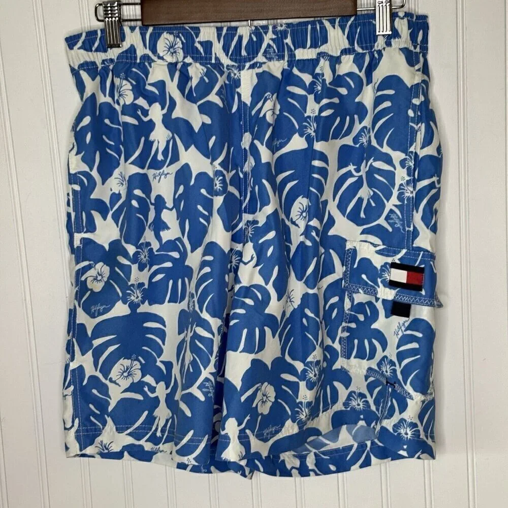 Tommy Hilfiger Mens Medium Blue White Tropical Hula Girl Print Swim Short Trunks